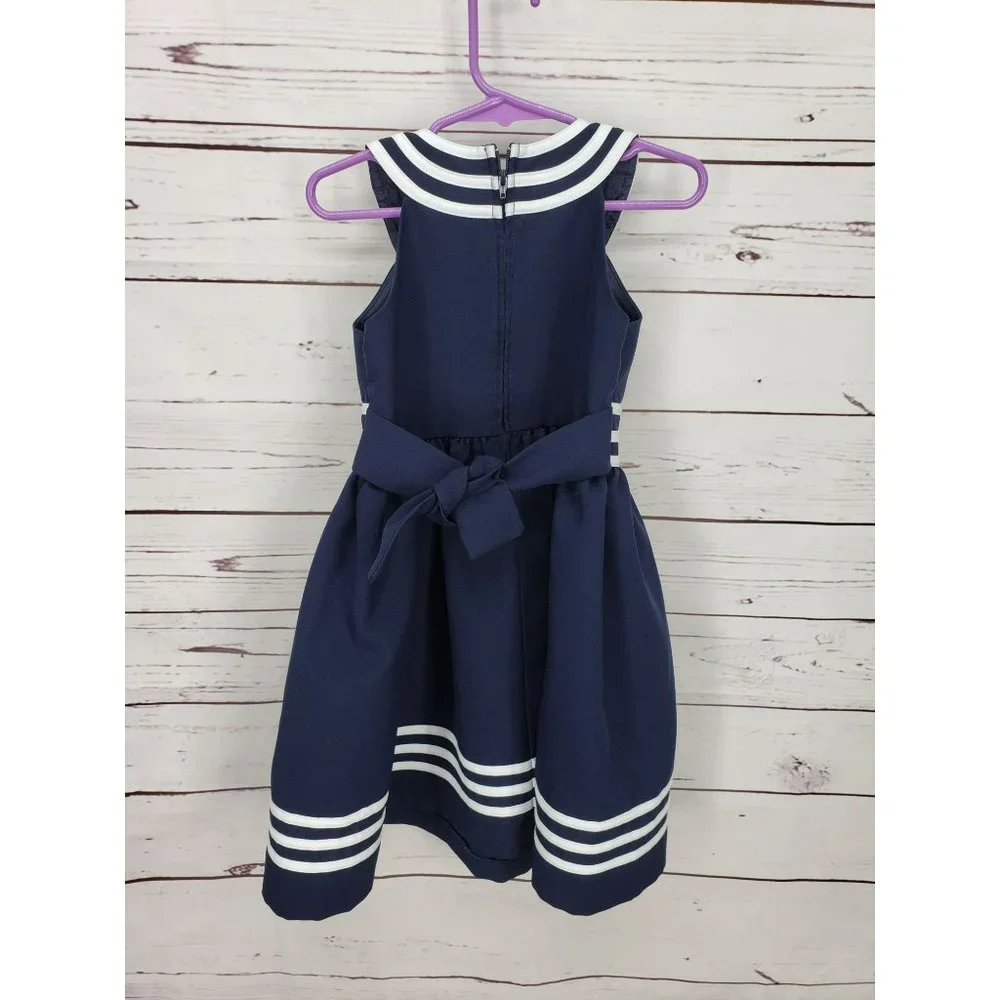 Bonnie Jean Navy Blue Girls‎ Size 5 White Trim Bow Dress